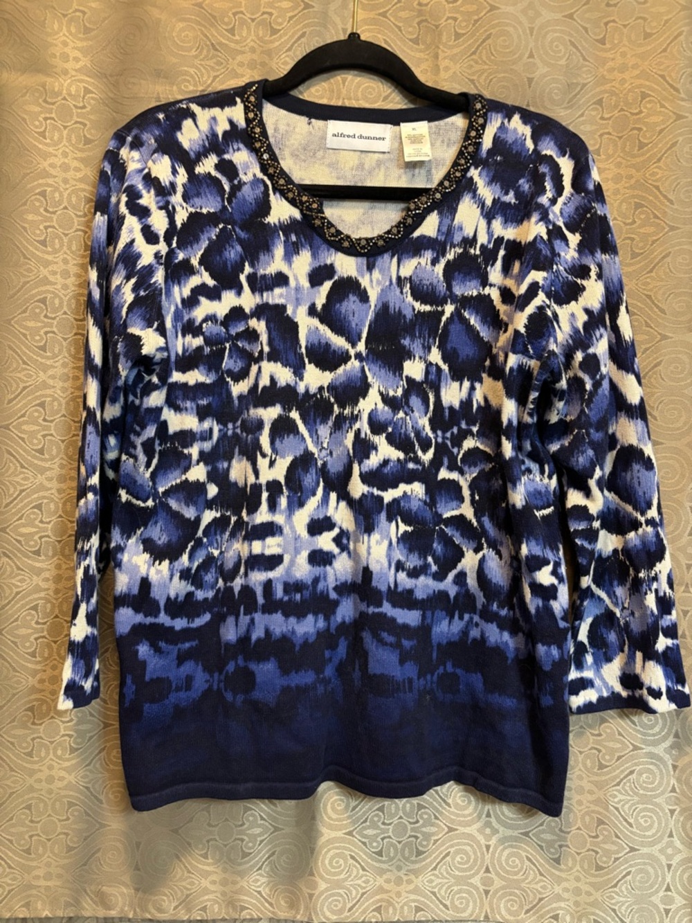 Alfred Dunner Blue and White Animal-Print Long Sleeve Sweater with Beaded Neck